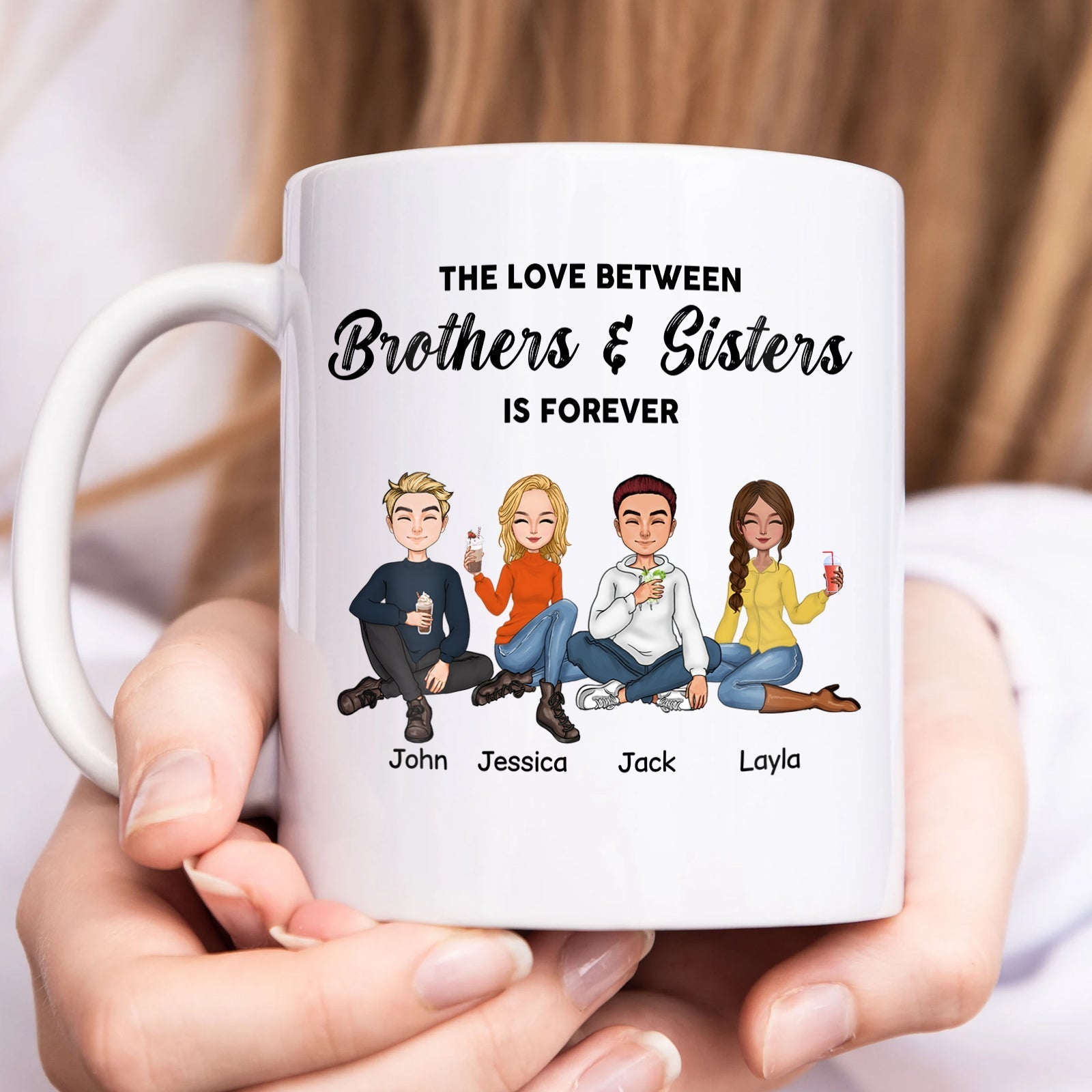 Personalized brothers and sisters mug featuring cartoon siblings with names and the phrase about love