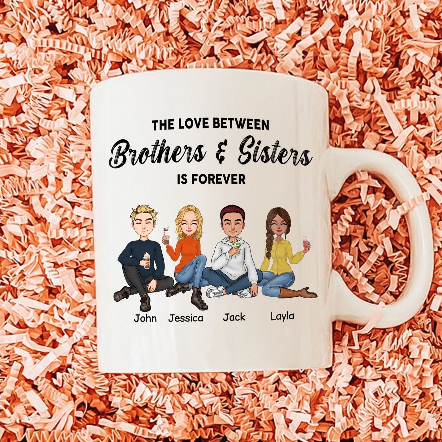 Personalized brothers and sisters mug featuring cartoon characters and text about familial love