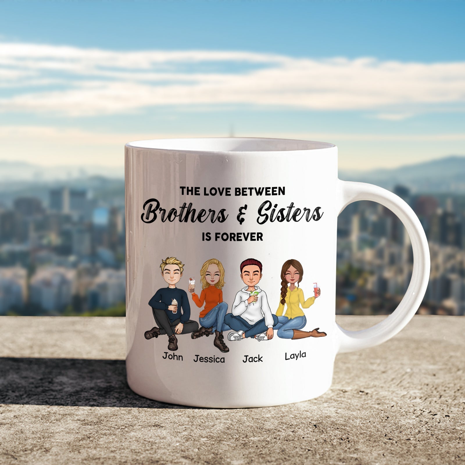 Personalized brothers and sisters mug featuring cartoon characters and heartfelt text about sibling love