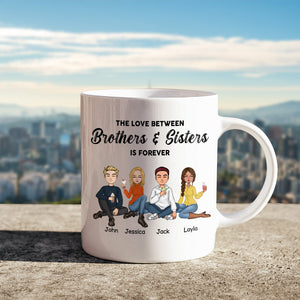 Personalized brothers and sisters mug featuring cartoon characters and heartfelt text about sibling love