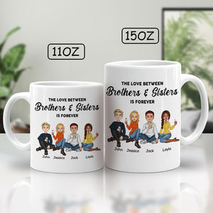 Personalized brothers and sisters mug featuring cartoon characters and the text The Love Between Brothers & Sisters Is Forever