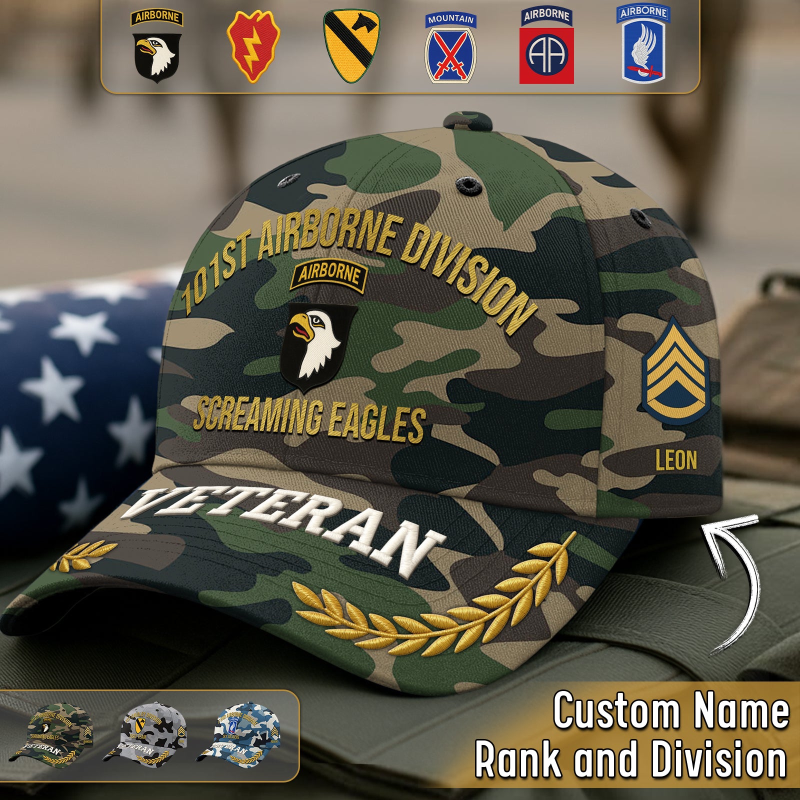Personalized camo hat for veterans featuring custom name and military insignia