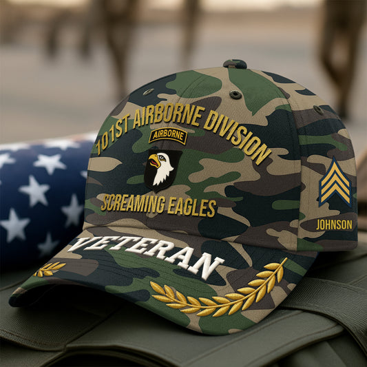 Personalized camo hat for veterans featuring 101st Airborne Division design and military insignia