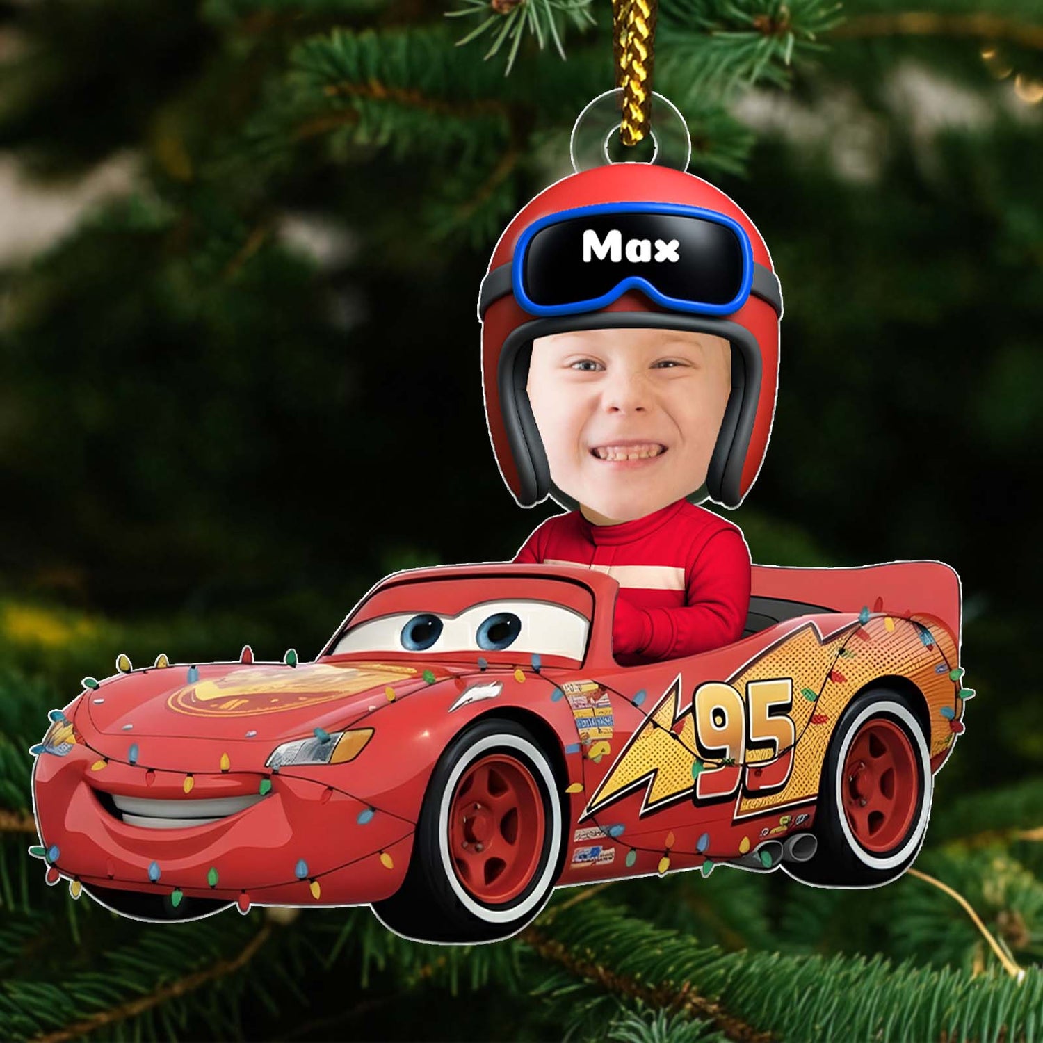 Personalized car Christmas ornament featuring a child's face on a character car with lights