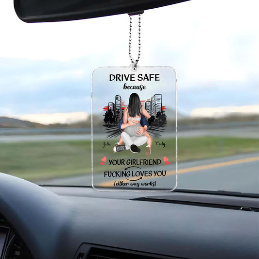 Personalized car hanger for couples featuring a romantic design with the phrase Drive Safe