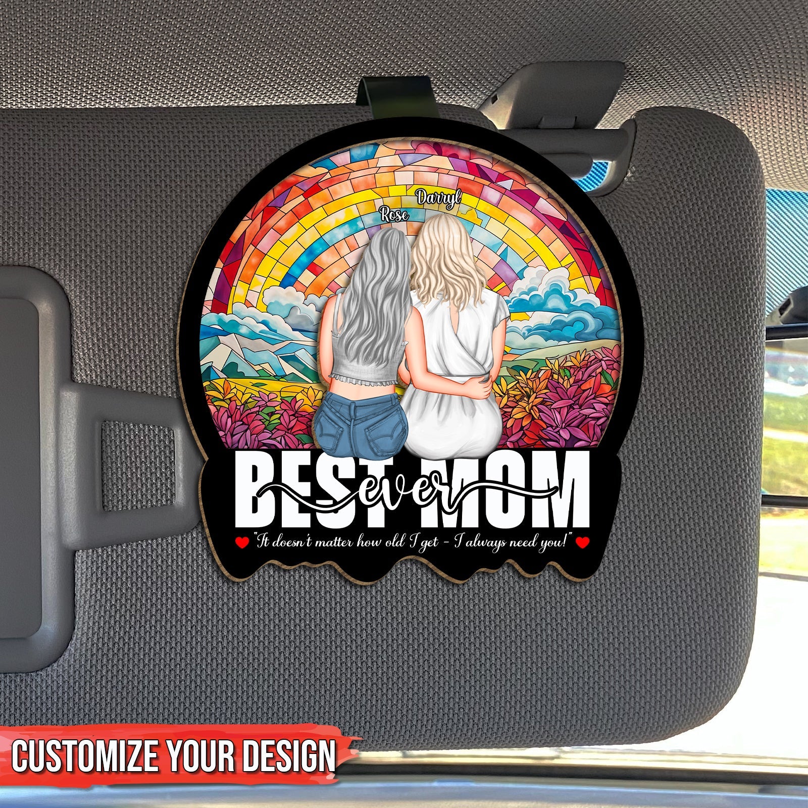 Personalized car visor clip for mom with custom design featuring two women and colorful background