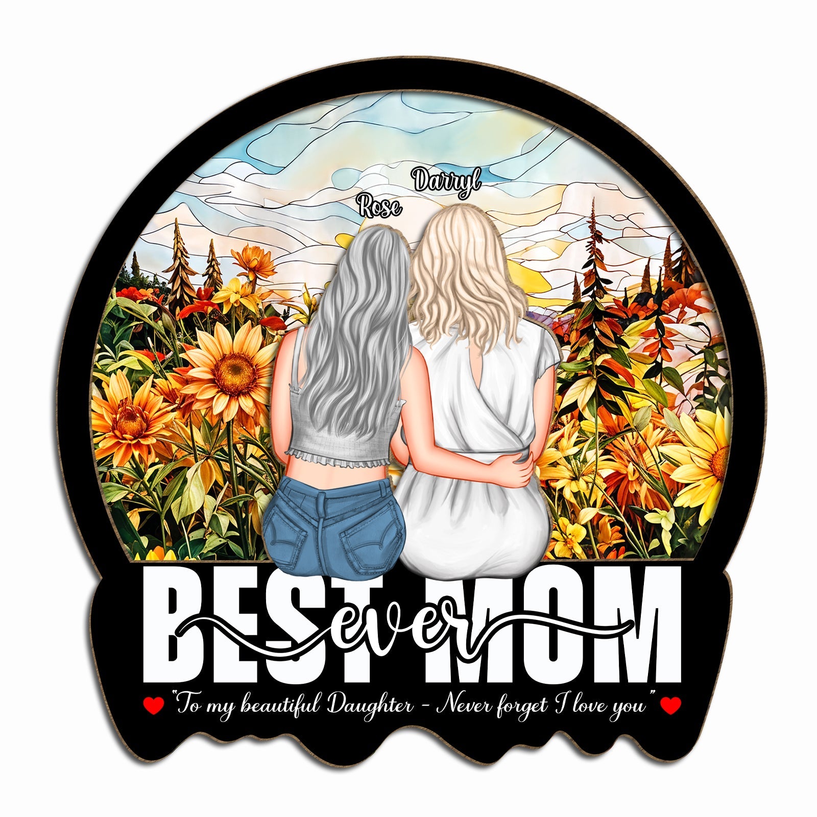 Personalized car visor clip for mom featuring two women surrounded by flowers with heartfelt message
