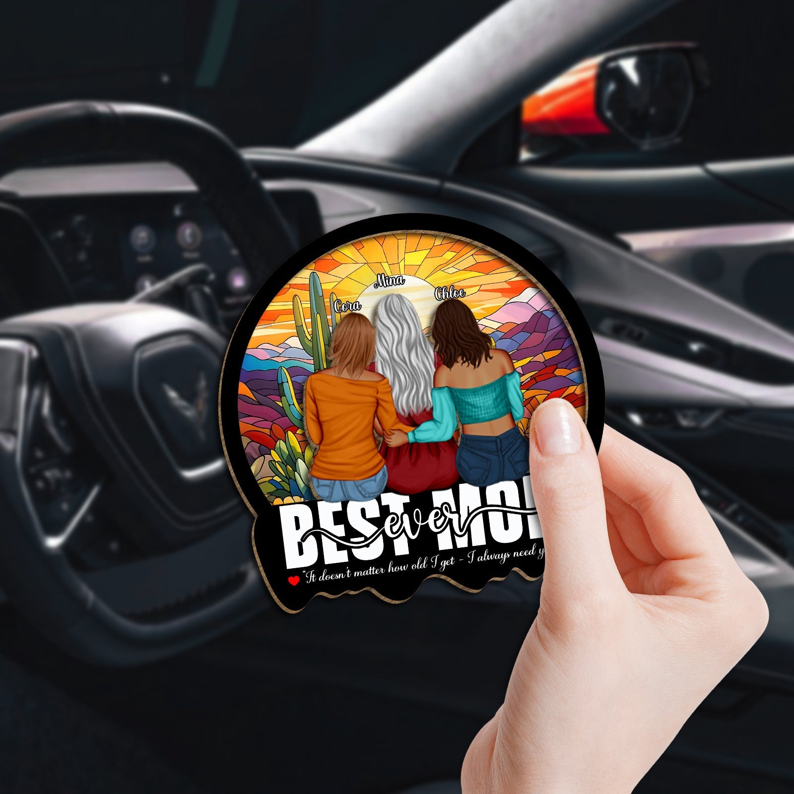 Personalized car visor clip for mom featuring three women with colorful backdrop and heartfelt message
