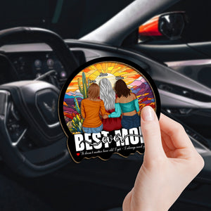 Personalized car visor clip for mom featuring three women with colorful backdrop and heartfelt message