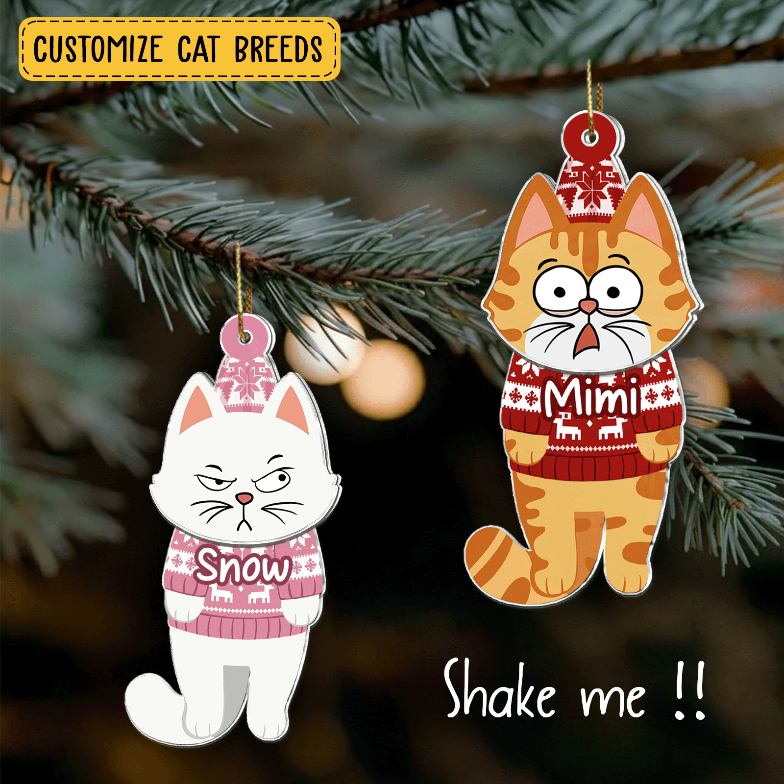 Personalized cat Christmas ornament featuring custom cat breeds in festive sweaters