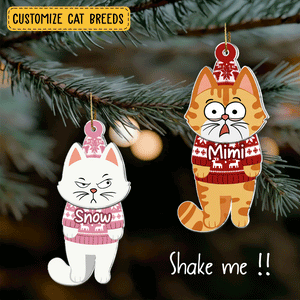 Personalized cat Christmas ornament featuring custom cat breeds in festive sweaters