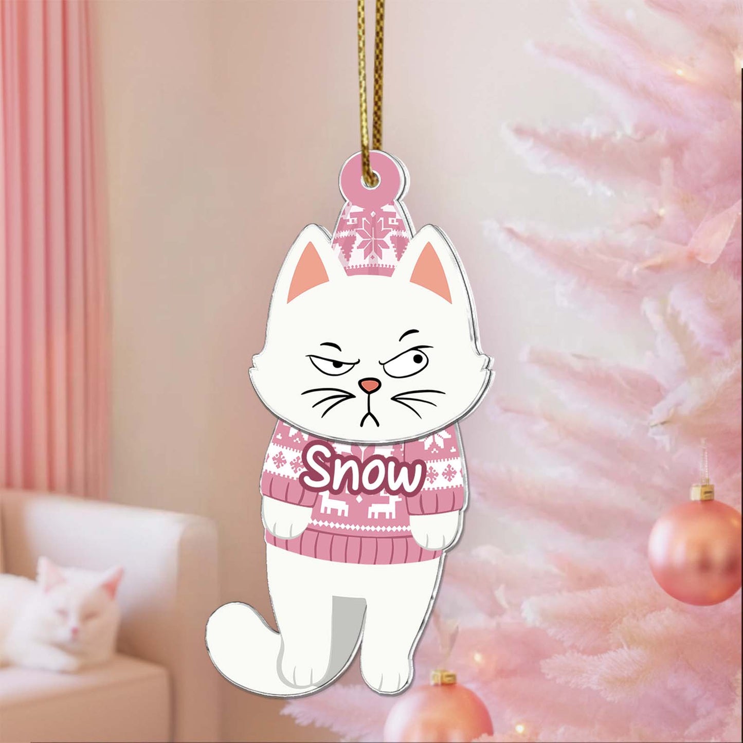 Personalized cat Christmas ornament featuring a cute white cat in a pink sweater with the word Snow