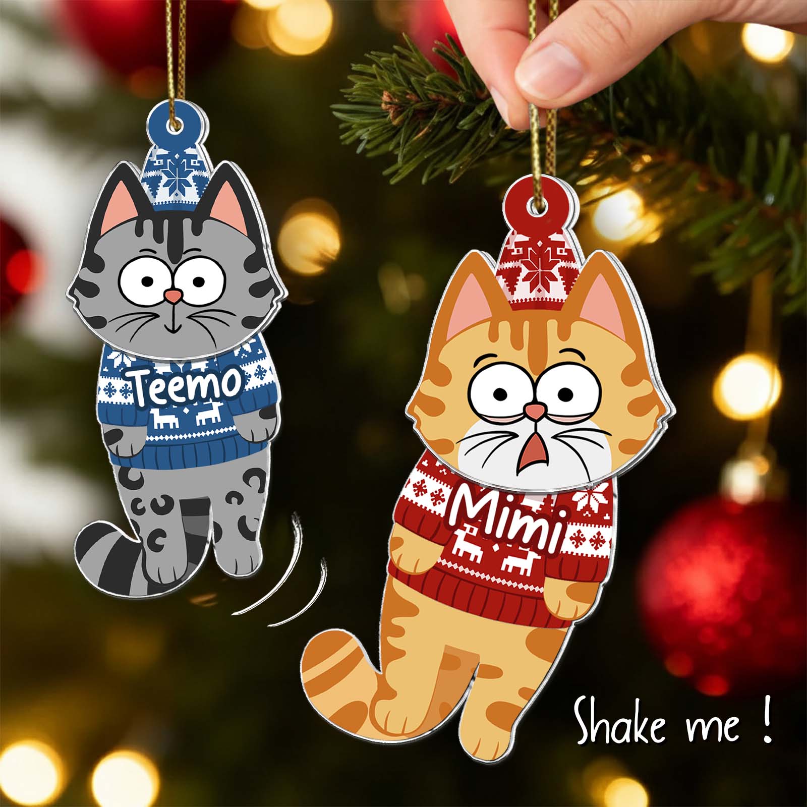 Personalized cat Christmas ornament featuring two playful cats in winter sweaters for holiday decor