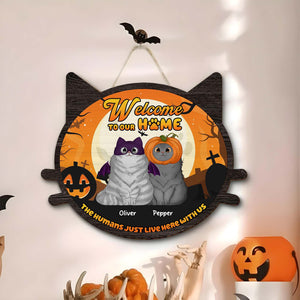 Personalized cat door sign featuring two cats and a Halloween theme with the names Oliver and Pepper