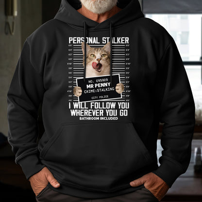 Black hoodie featuring a personalized cat lover shirt design with a funny cat mugshot graphic