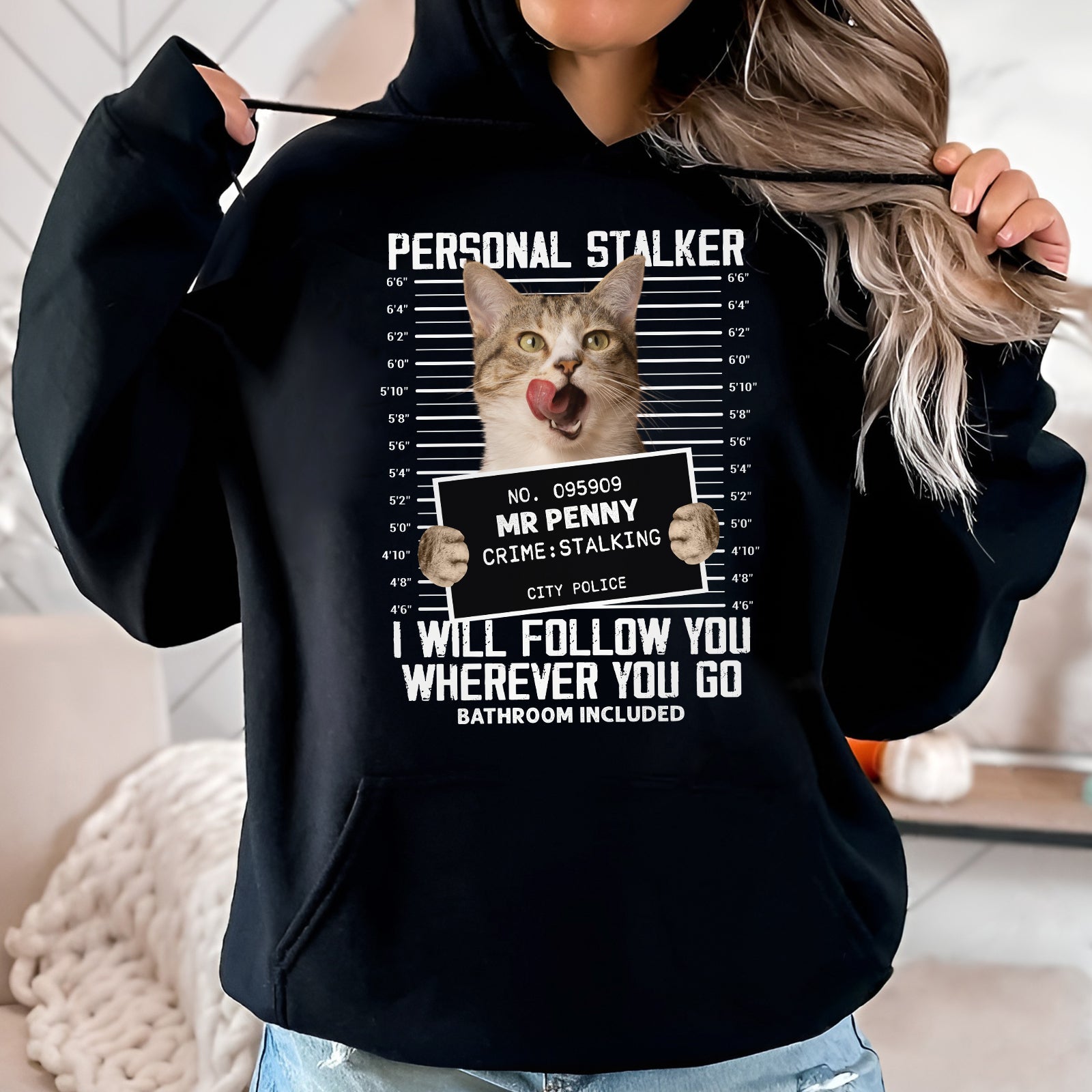 365Gifty personalized cat lover shirt black hoodie with funny cat mugshot design and humorous text