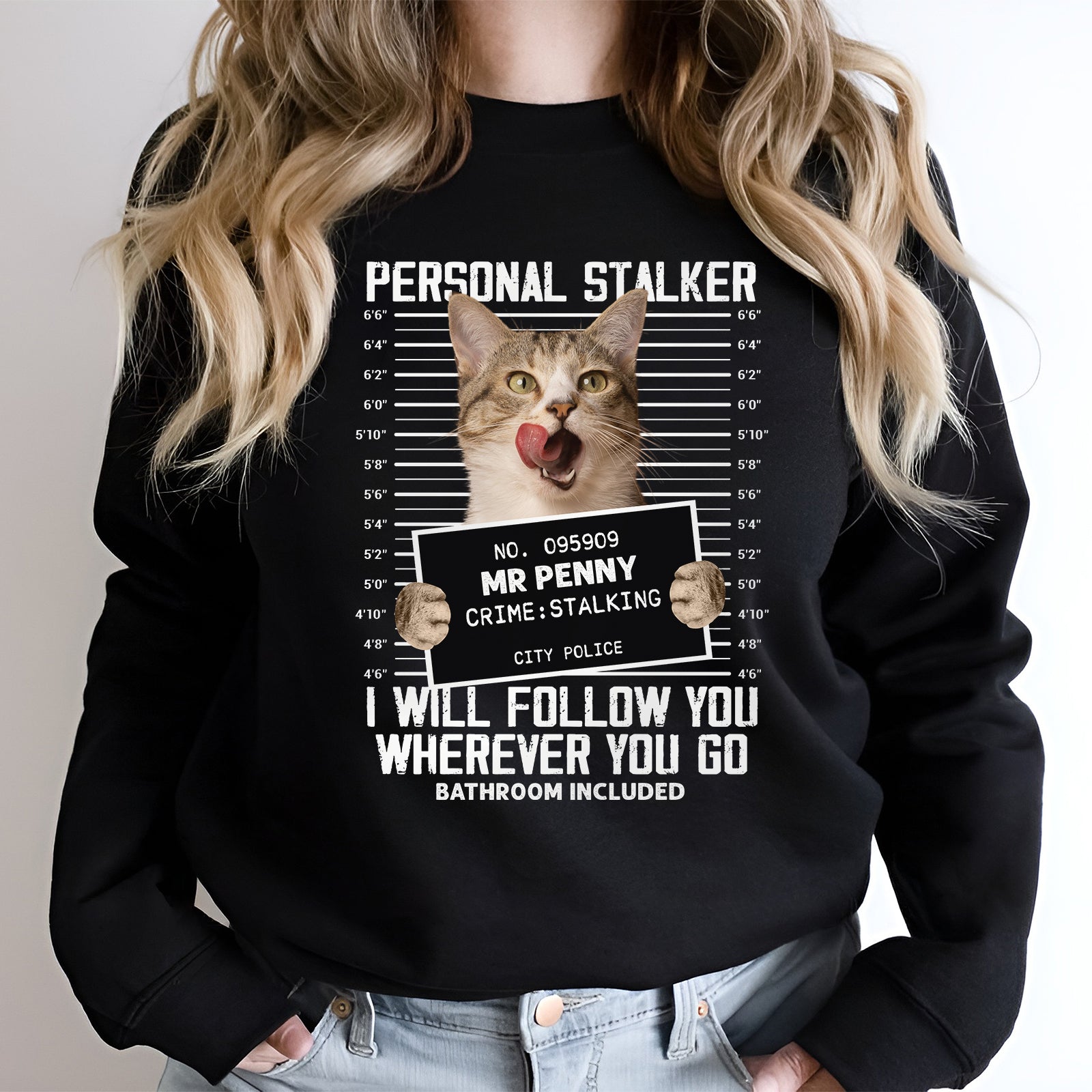 Black personalized cat lover shirt with funny mugshot cat graphic and humorous text
