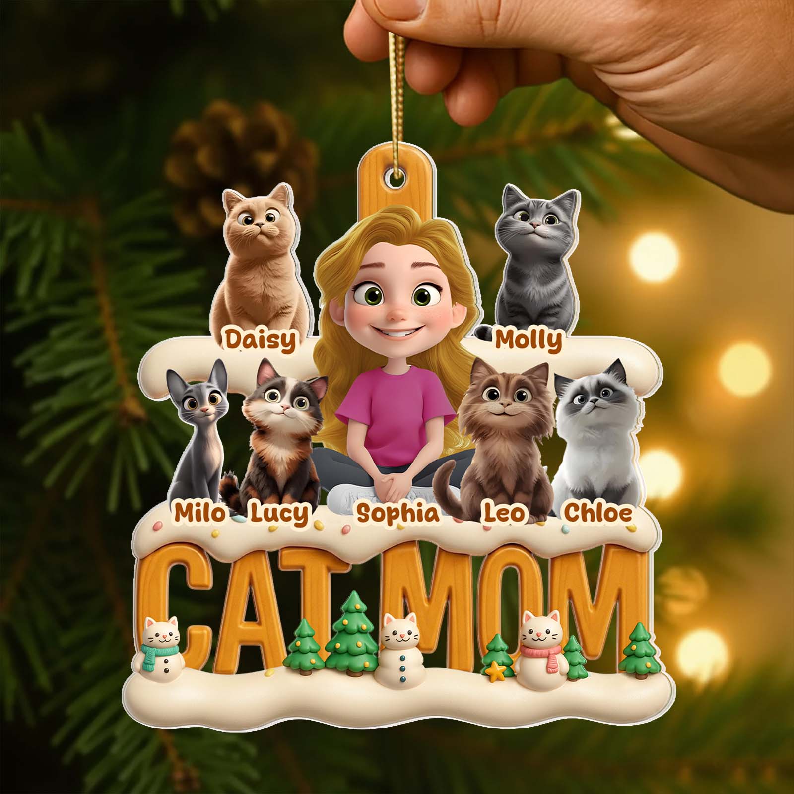 Personalized cat mom Christmas ornament featuring a woman with her cats and festive decorations