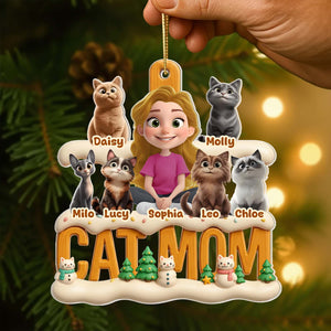 Personalized cat mom Christmas ornament featuring a woman with her cats and festive decorations