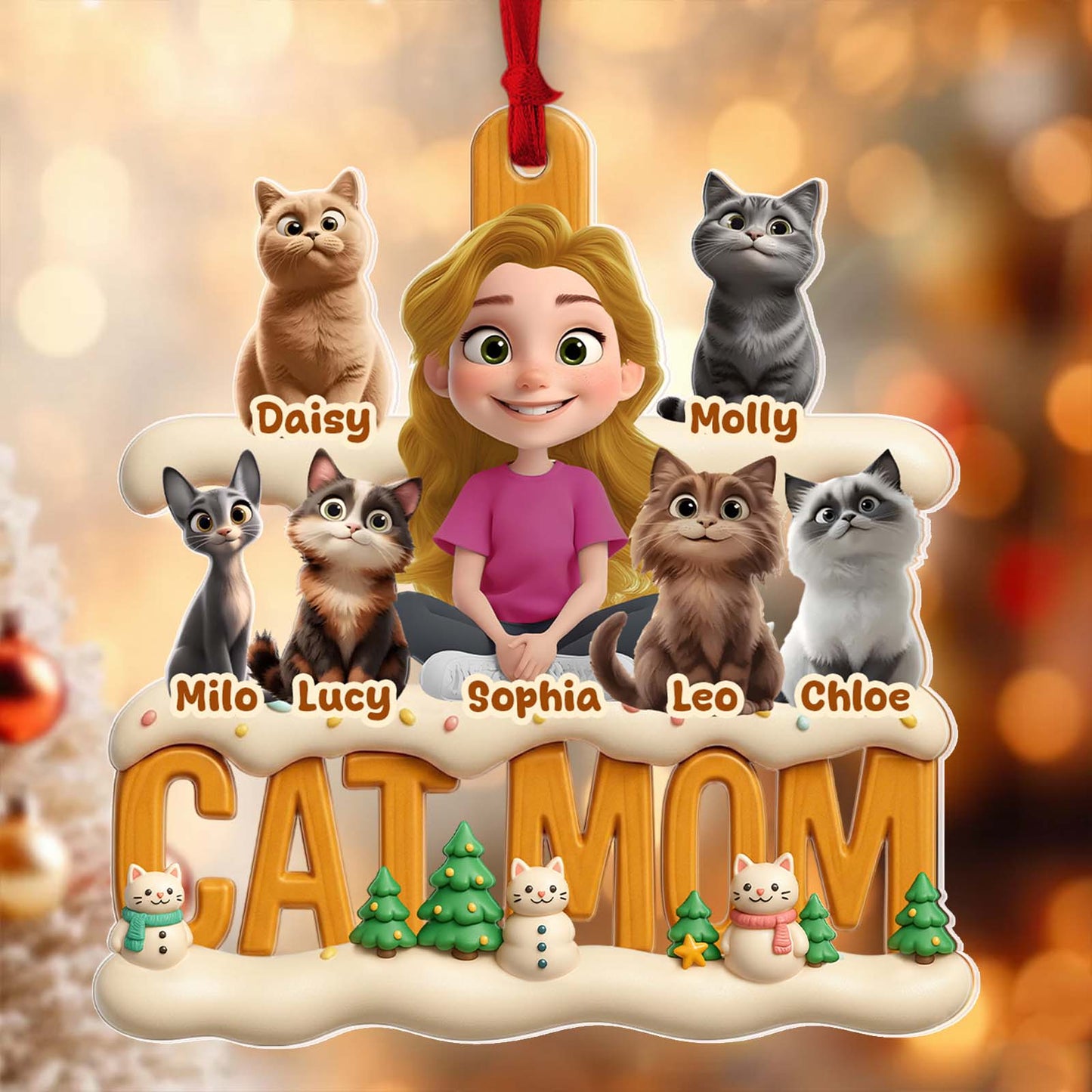 Personalized cat mom Christmas ornament featuring a girl and her seven cat characters with festive decorations