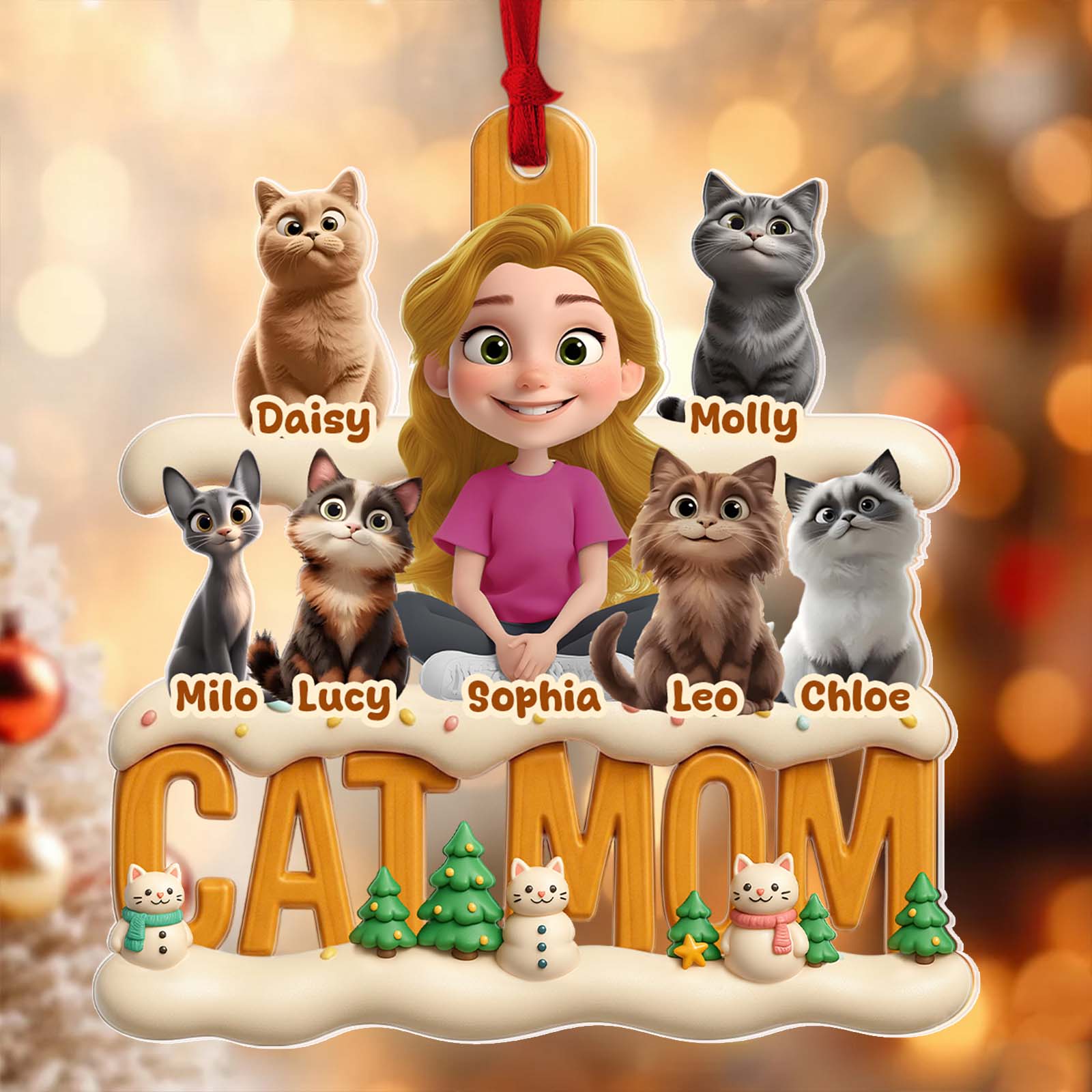 Personalized cat mom Christmas ornament featuring a girl and her seven cat characters with festive decorations