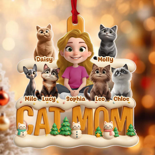 Personalized cat mom Christmas ornament featuring a girl and her seven cat characters with festive decorations