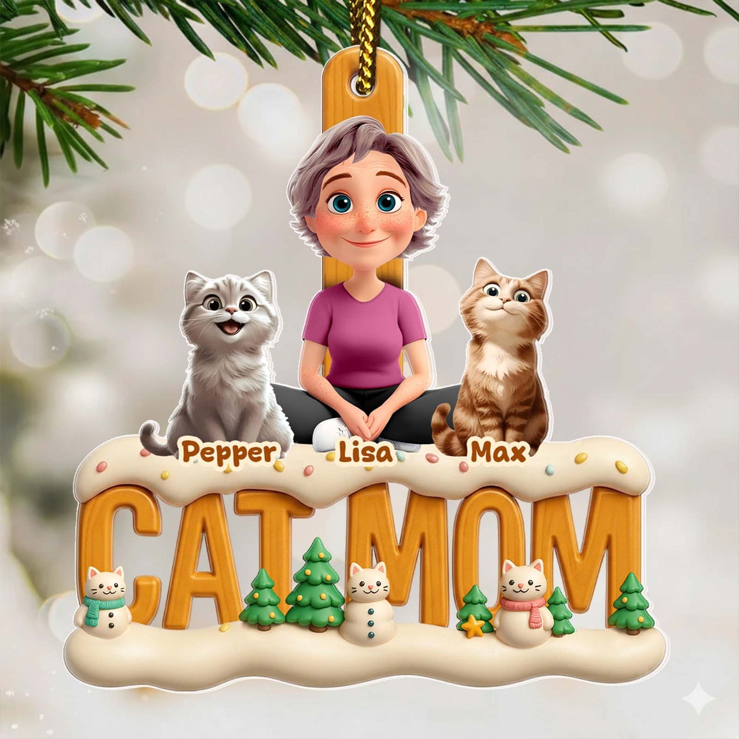 Personalized cat mom Christmas ornament featuring a smiling woman with two cats and festive decorations