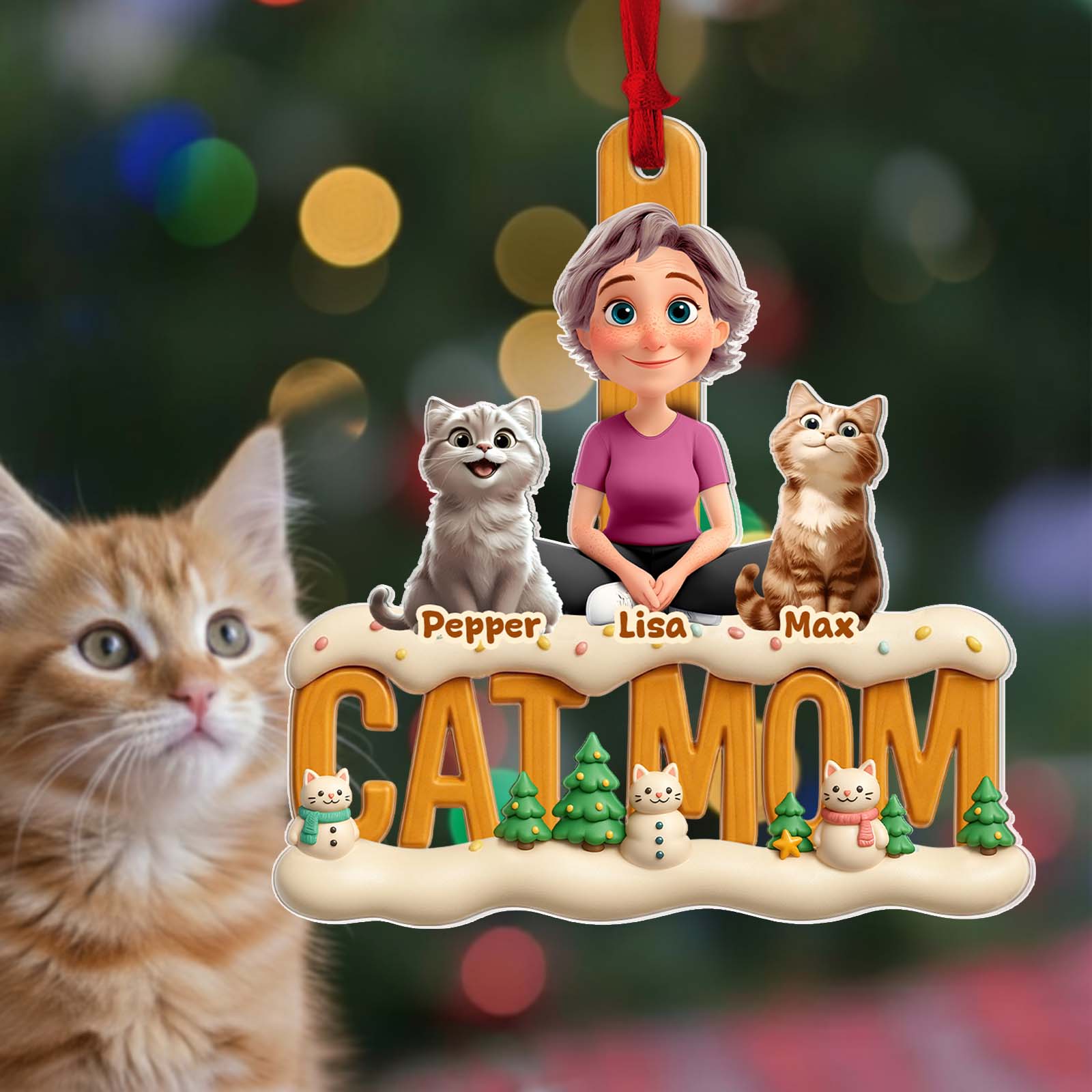 Personalized cat mom Christmas ornament featuring a woman with two cats and festive decorations