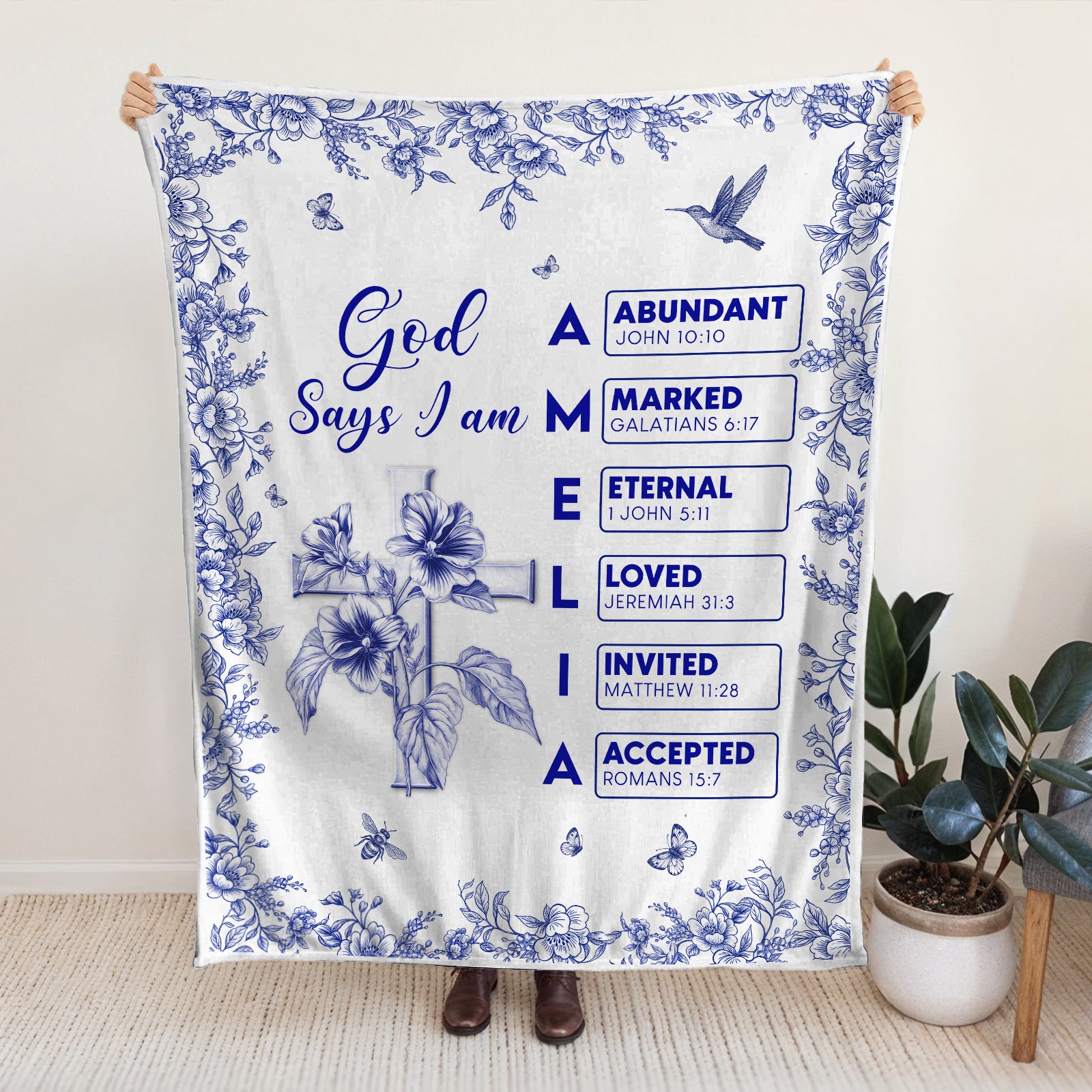 Personalized Christian blanket featuring inspirational scripture verses and floral design