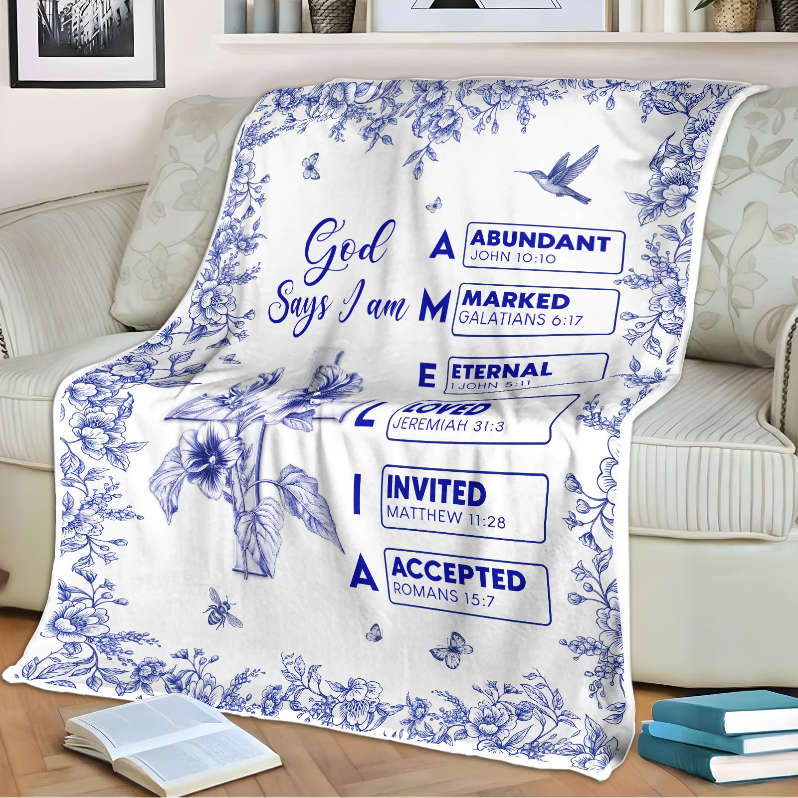 Personalized Christian blanket featuring floral design and uplifting scripture quotes for home decor