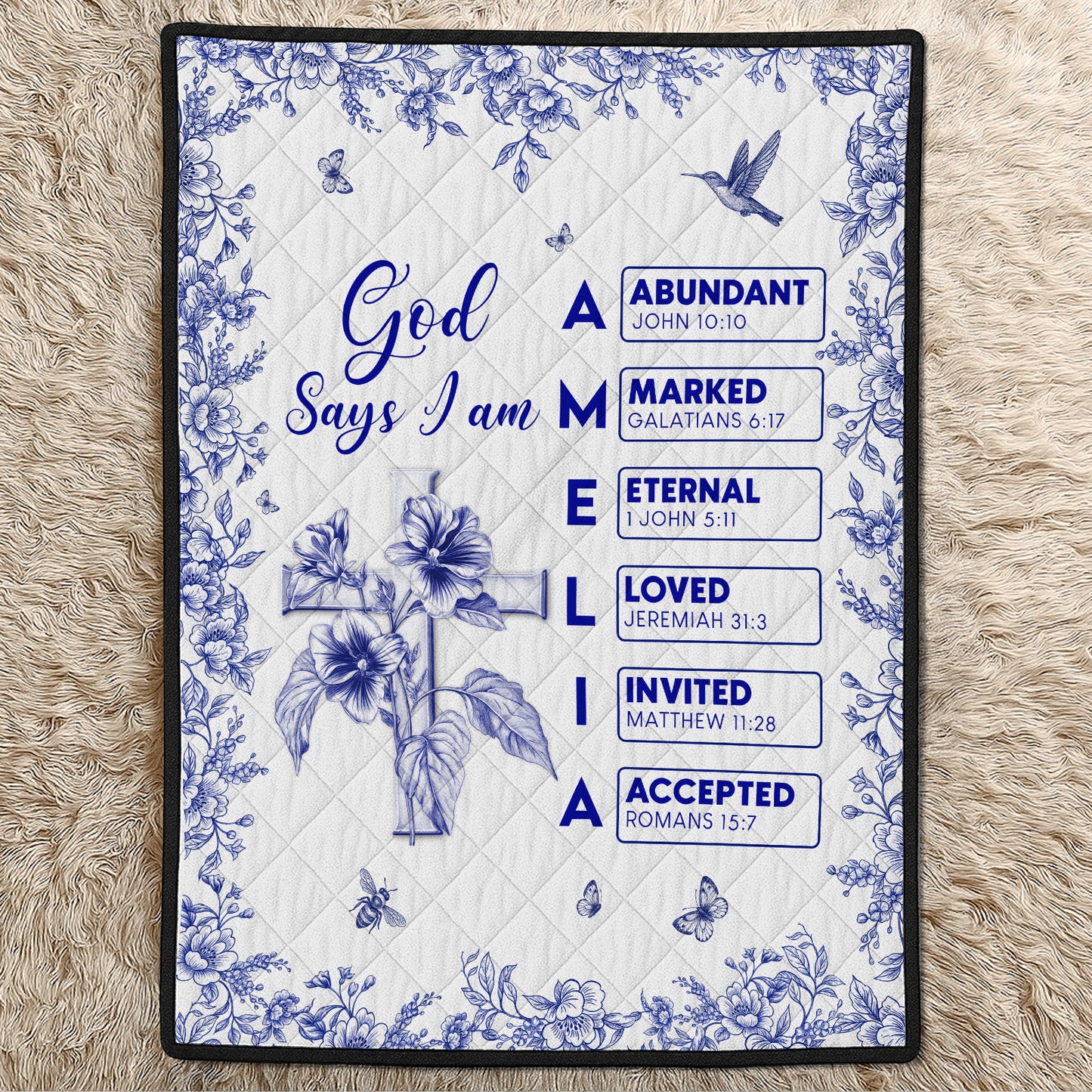 Personalized Christian blanket featuring floral design with scripture verses and name Amelia