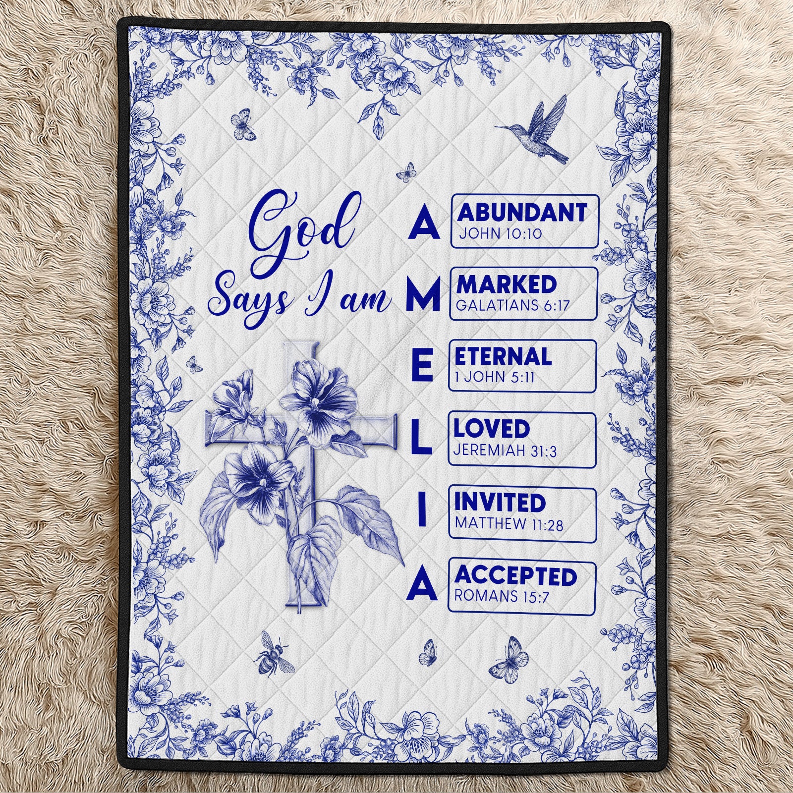 Personalized Christian blanket featuring floral design with scripture verses and name Amelia