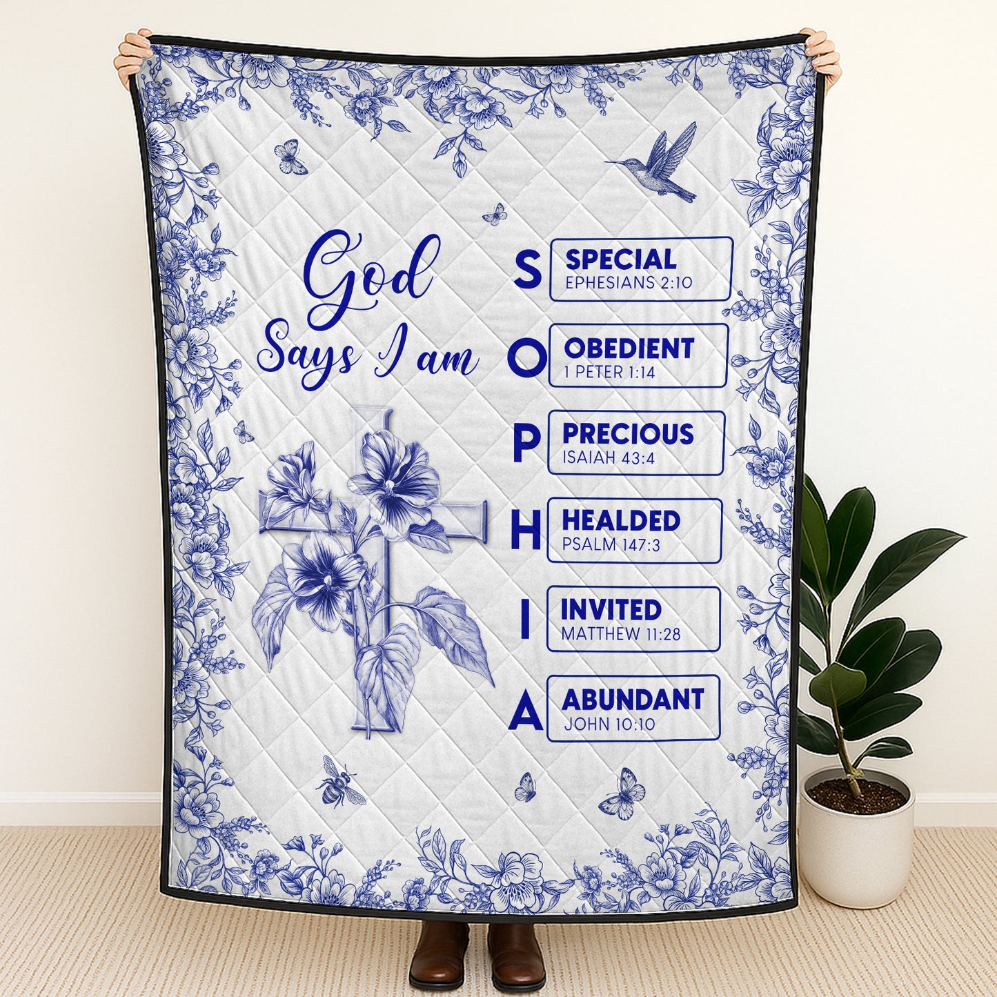 Personalized Christian blanket featuring uplifting Bible verses and floral design for a comforting touch