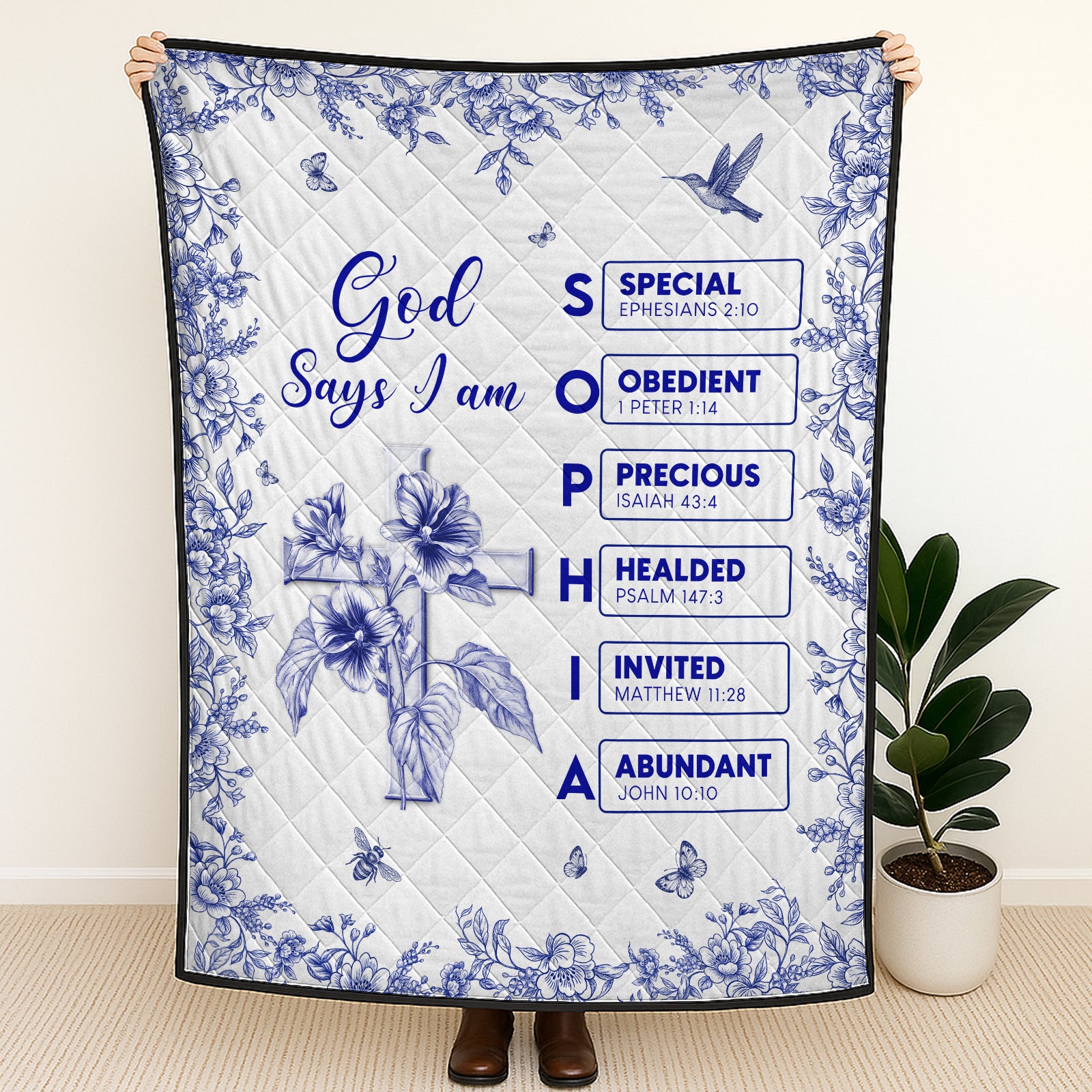 Personalized Christian blanket featuring uplifting Bible verses and floral design for a comforting touch