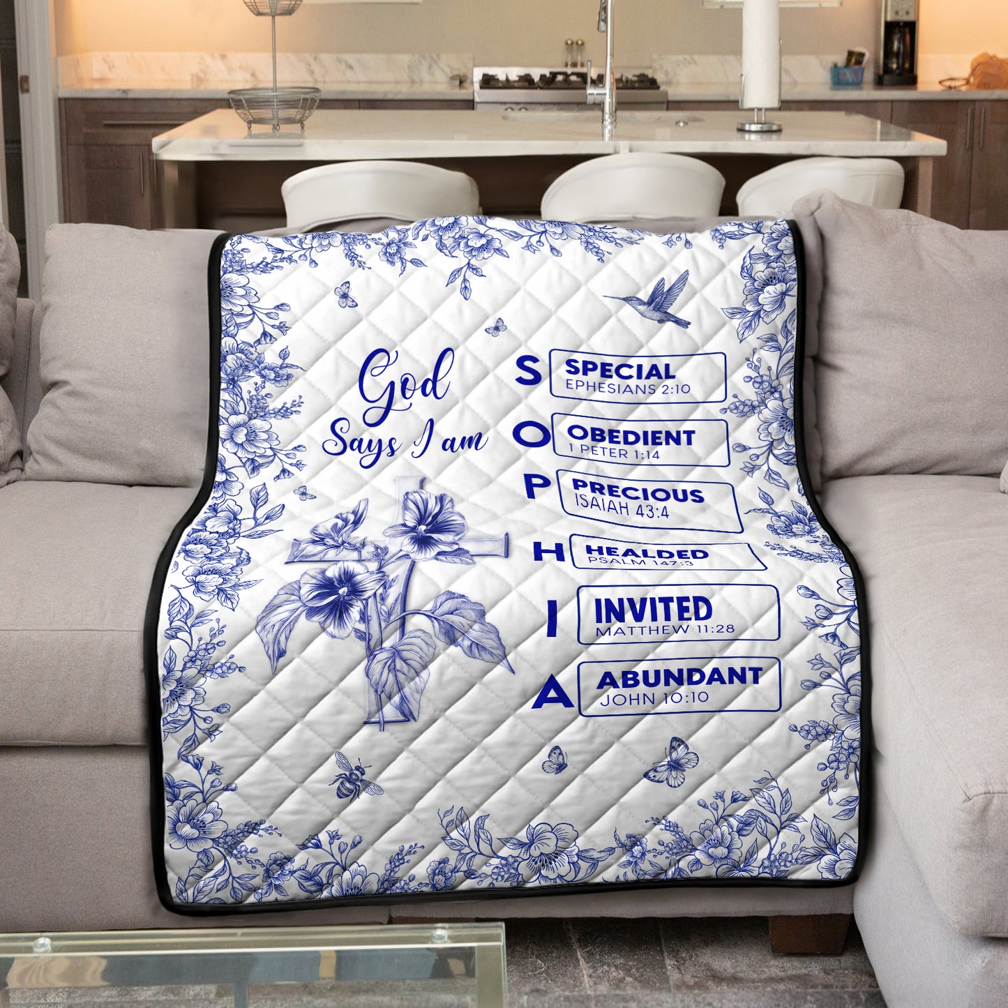 Personalized Christian blanket featuring floral design and affirmations for a cozy home decor piece