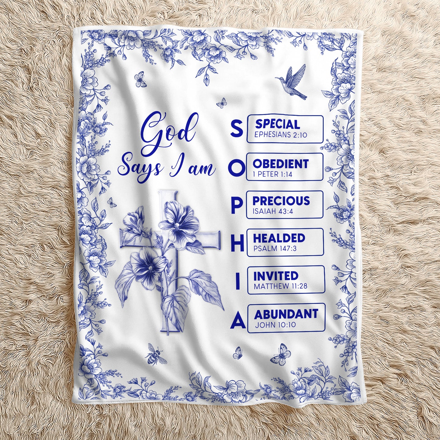 Personalized Christian blanket featuring floral design and inspirational verses for a cozy home decor