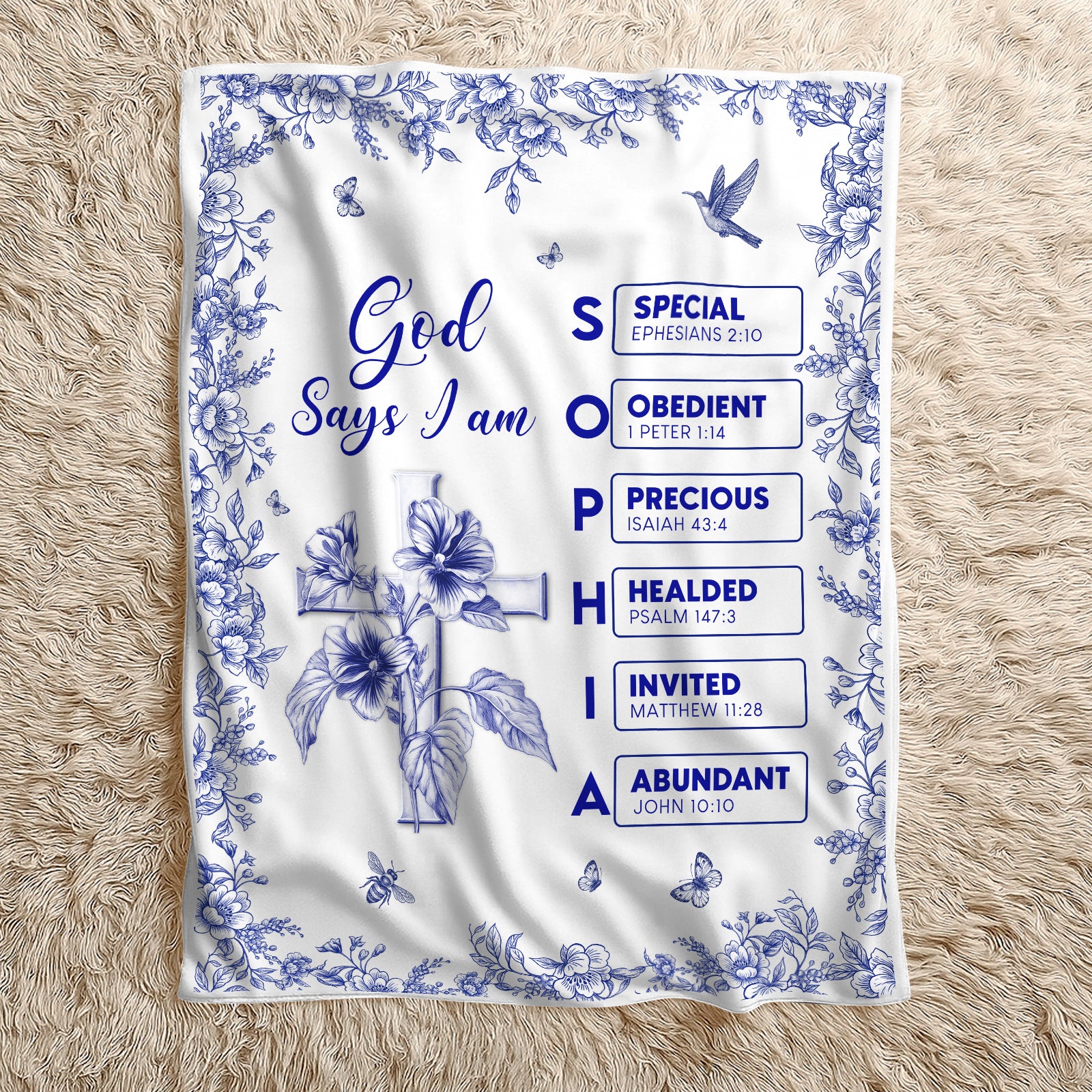 Personalized Christian blanket featuring floral design and inspirational verses for a cozy home decor