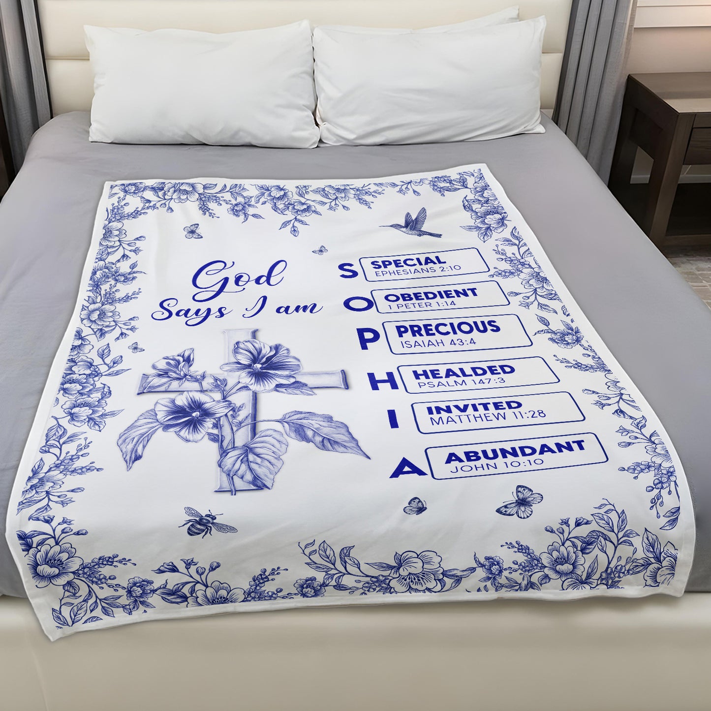 Personalized Christian blanket with floral design and scripture for cozy home decor
