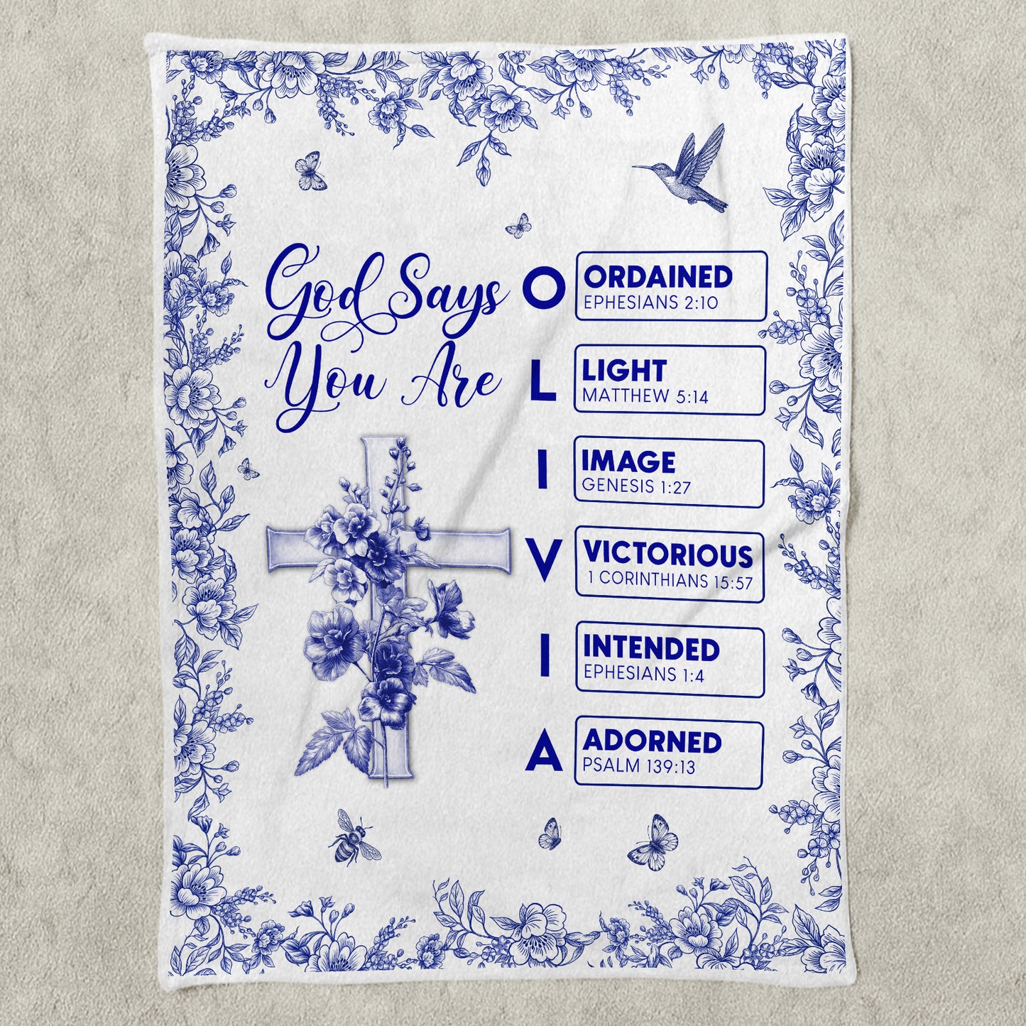 Personalized Christian blanket featuring floral design and inspirational messages for a unique home decor item