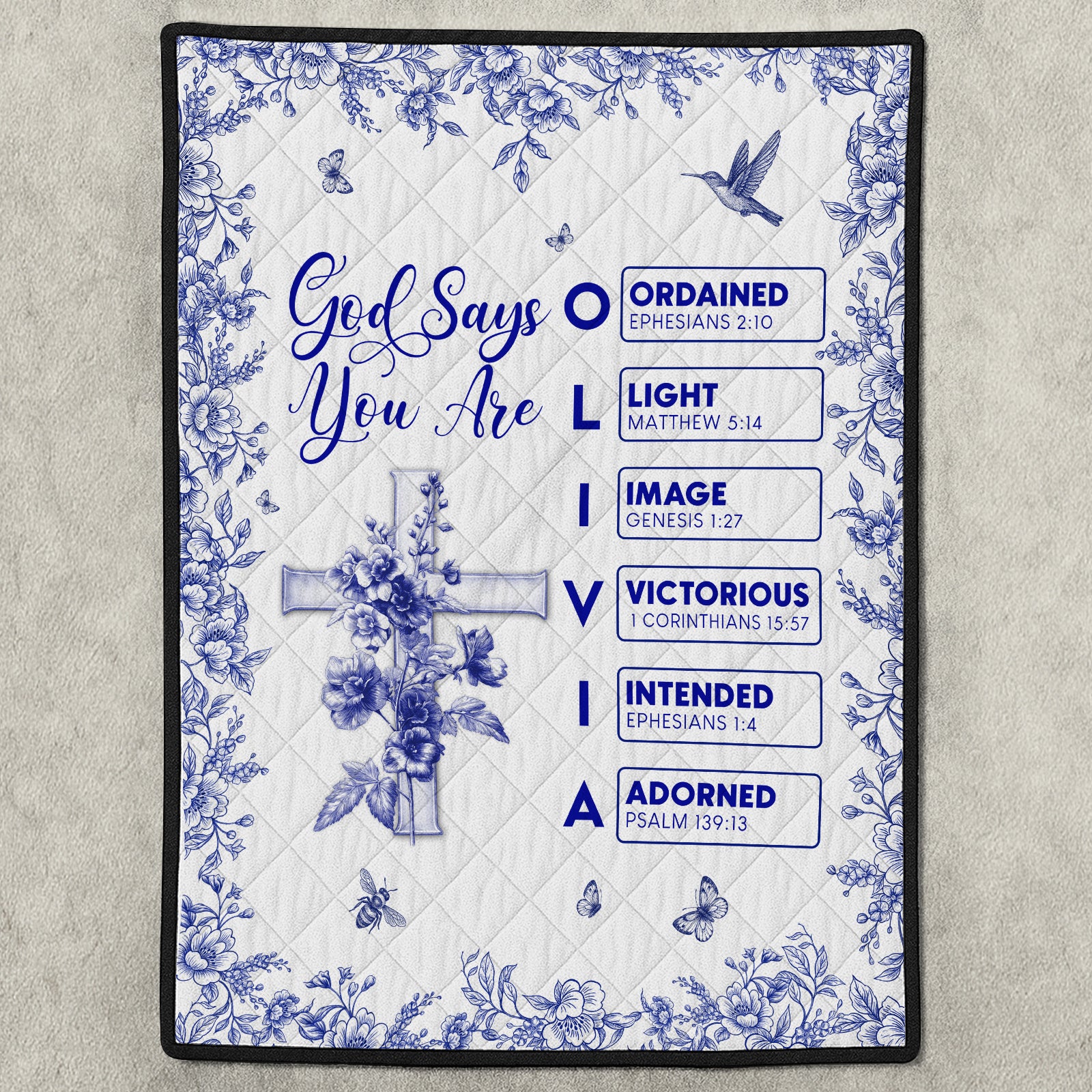 Personalized Christian blanket featuring floral design and inspirational Bible verses for a meaningful home decor