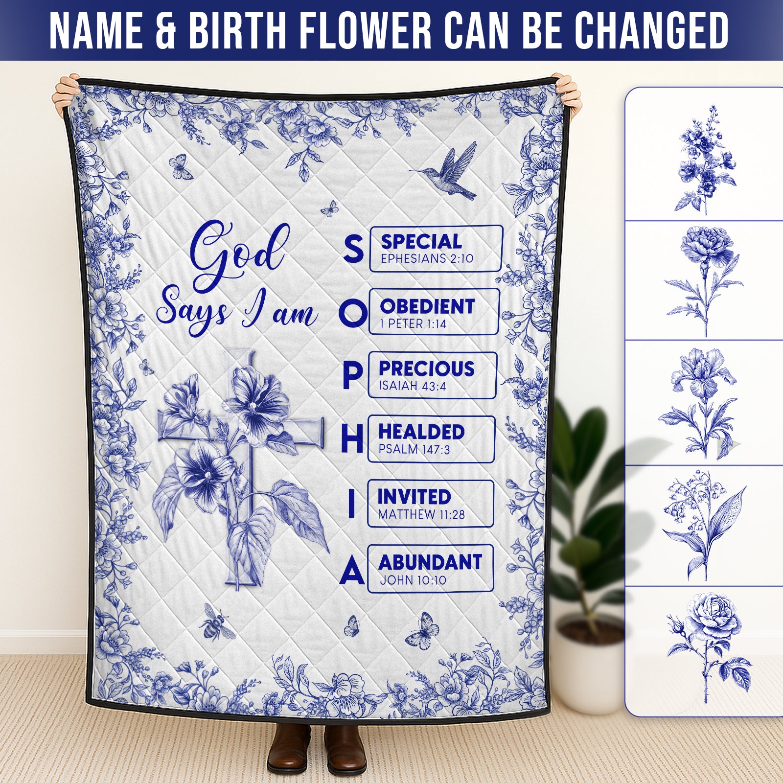 Personalized Christian blanket featuring floral designs and custom name options for a special touch