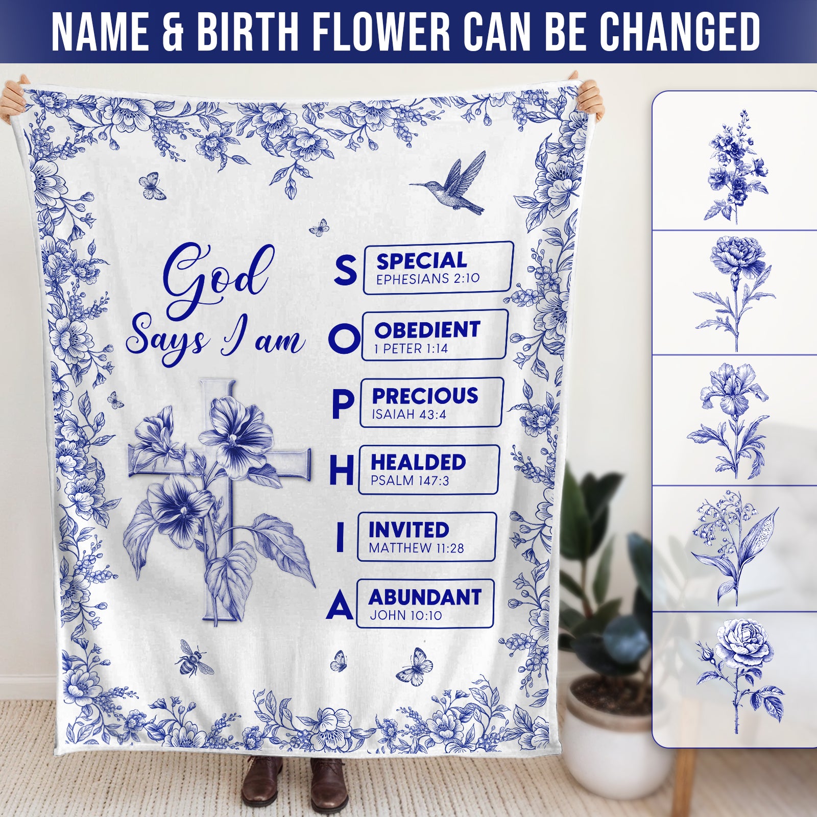 Personalized Christian blanket featuring floral design and uplifting scripture verses for spiritual comfort