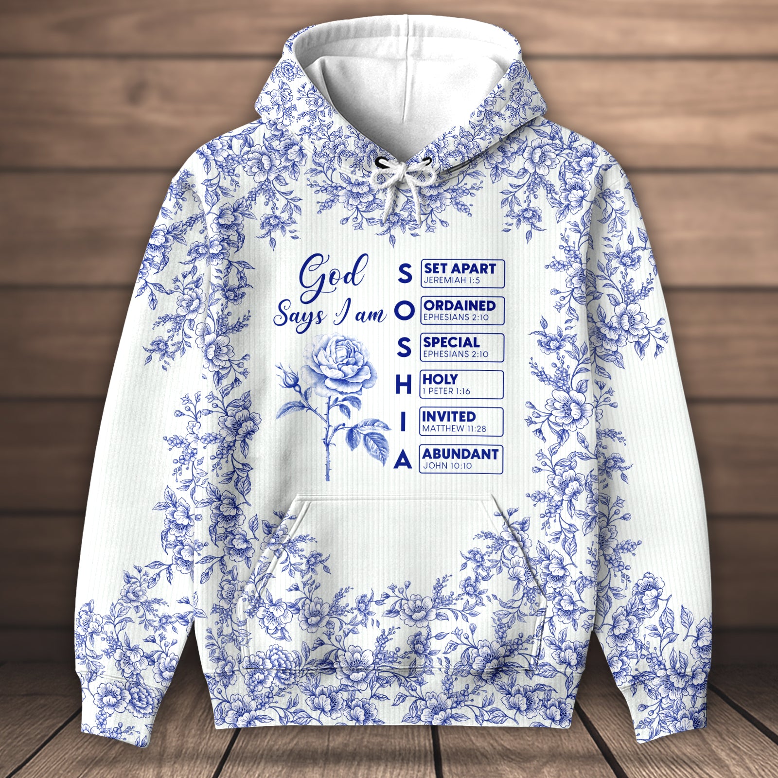 Personalized Christian hoodie with floral design and inspirational Bible verses displayed