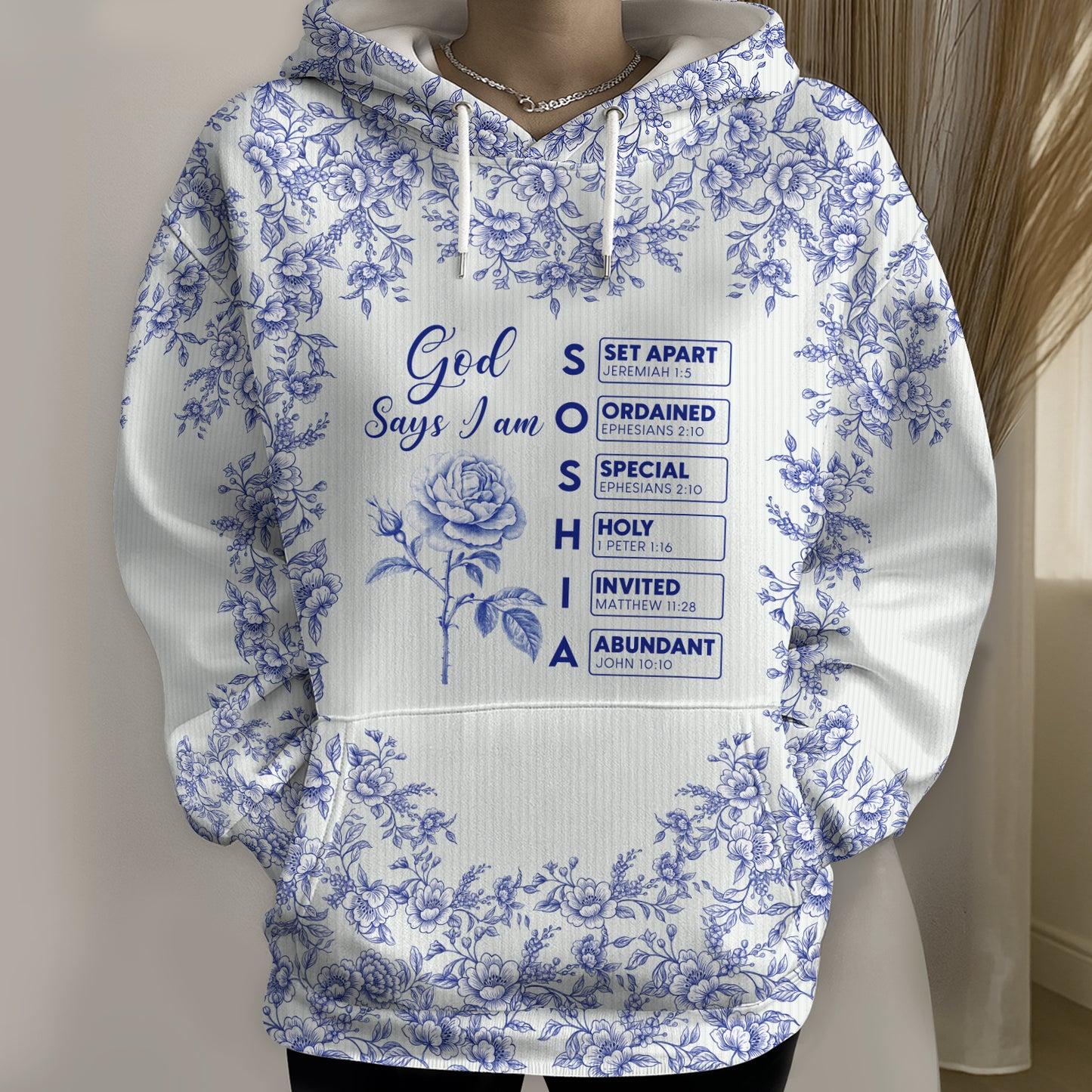Personalized Christian hoodie featuring floral design and uplifting scripture messages