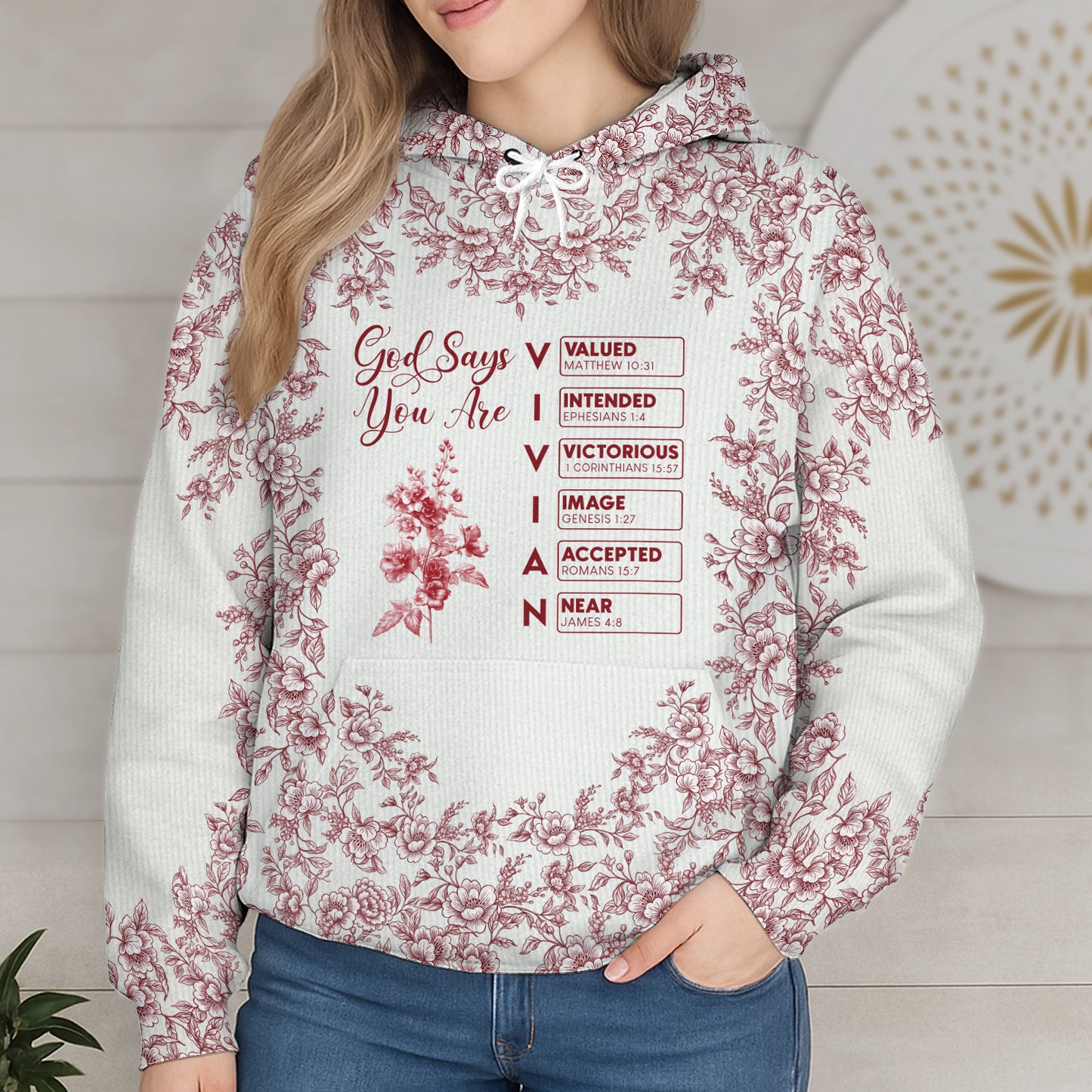 Personalized Christian hoodie featuring floral design and motivational scripture quotes for a stylish look