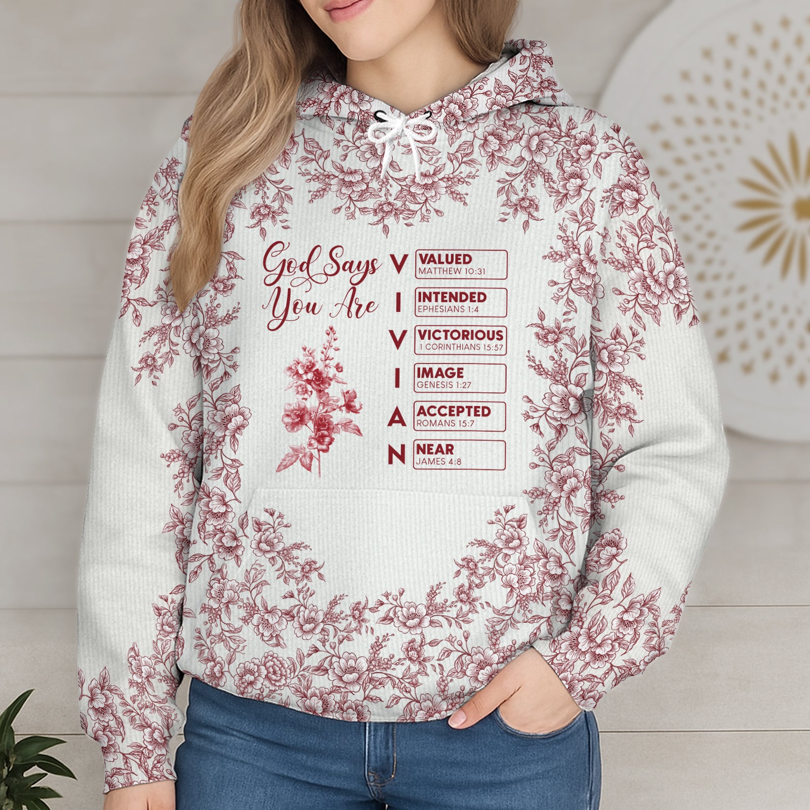 Personalized Christian hoodie featuring floral design and motivational scripture quotes for a stylish look