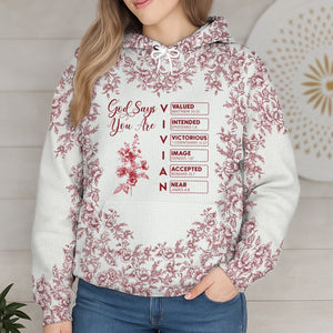 Personalized Christian hoodie featuring floral design and motivational scripture quotes for a stylish look