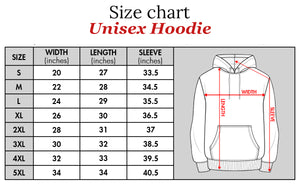Size chart for 365Gifty personalized Christian hoodie showing unisex sizes and measurements