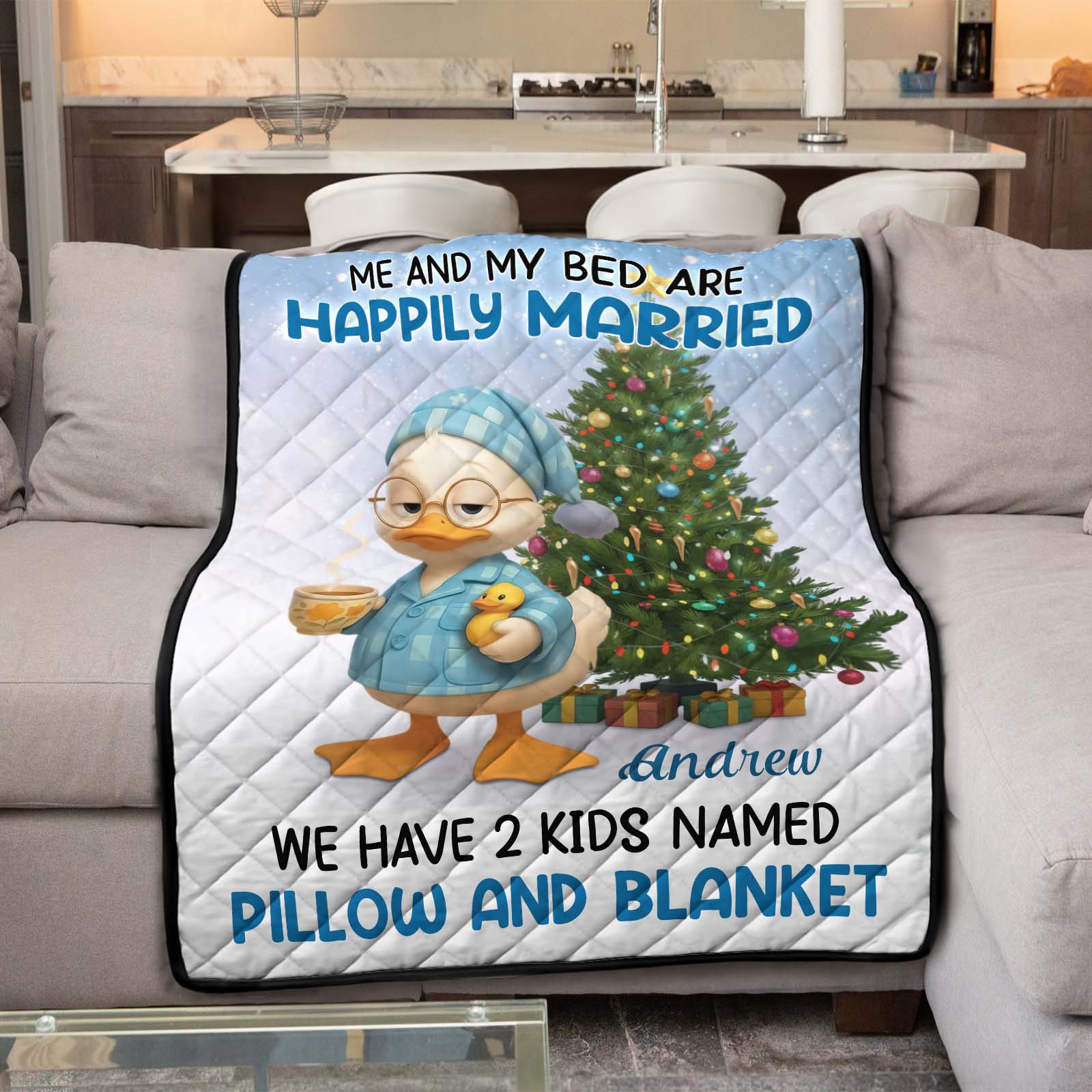 Personalized Christmas blanket featuring a cartoon duck and holiday tree, perfect for cozy decor