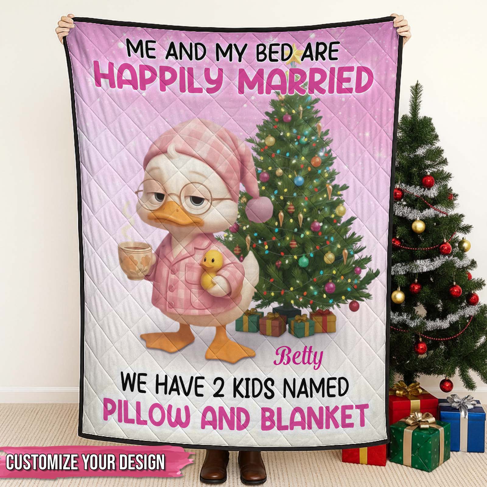 Personalized Christmas blanket featuring a cartoon character in pajamas with a tree for holiday warmth